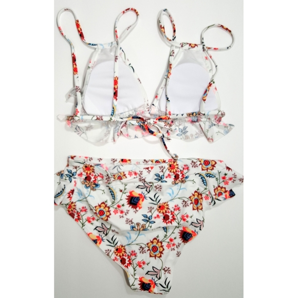 White Floral Print Ruffles High-waisted Bikini Set - Picture 5 of 5